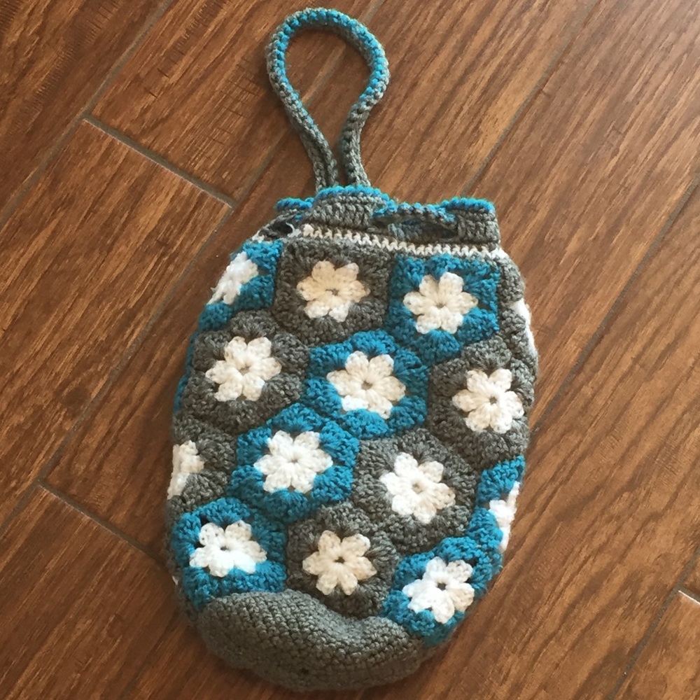 Crocheted Flower Drawstring Bag